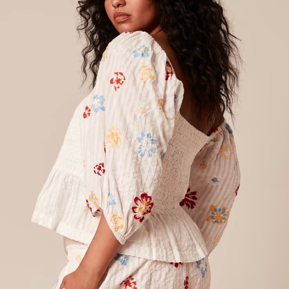 Tanya Taylor Emma Smocked Embroidered Top